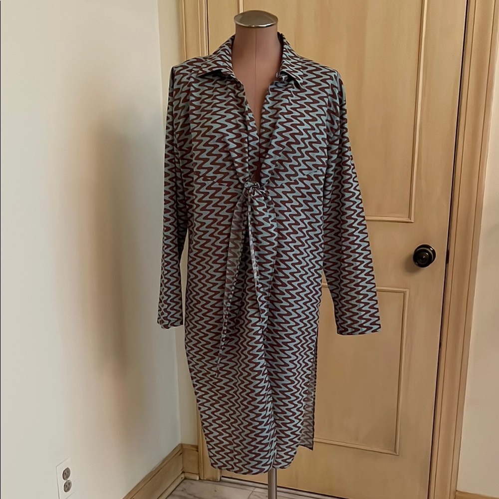 ZARA "The Lizzie" Boho Hippie Zig Zag Cotton Long SLV Lapel Tie Front Tunic SZ L